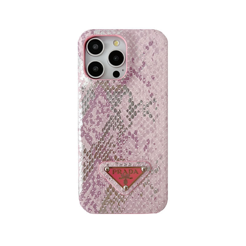 Prada iPhone Case Pink Python Leather | Luxury Snake Skin Phone Case with Red Enamel Triangle Logo iPhone 12-15 Pro Max