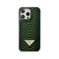 Prada iPhone Case Green Python Leather | Luxury Snake Skin Phone Case with Triangle Logo iPhone 12-15 Pro Max