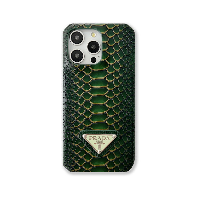 Prada iPhone Case Green Python Leather | Luxury Snake Skin Phone Case with Triangle Logo iPhone 12-15 Pro Max