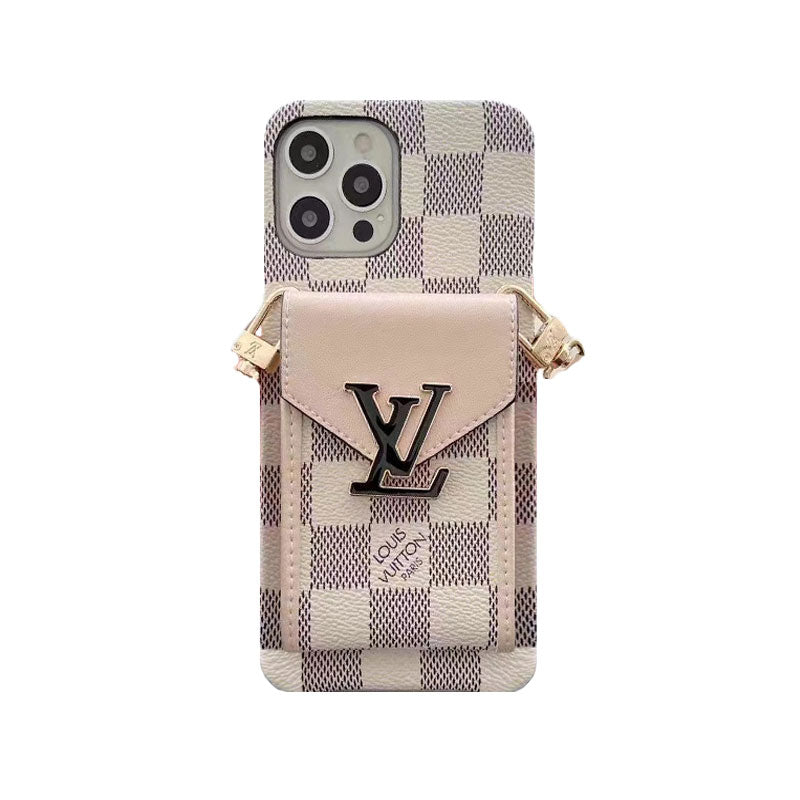 Louis Vuitton-Inspired Monogram iPhone Case with Wallet & Strap | White Grid Edition