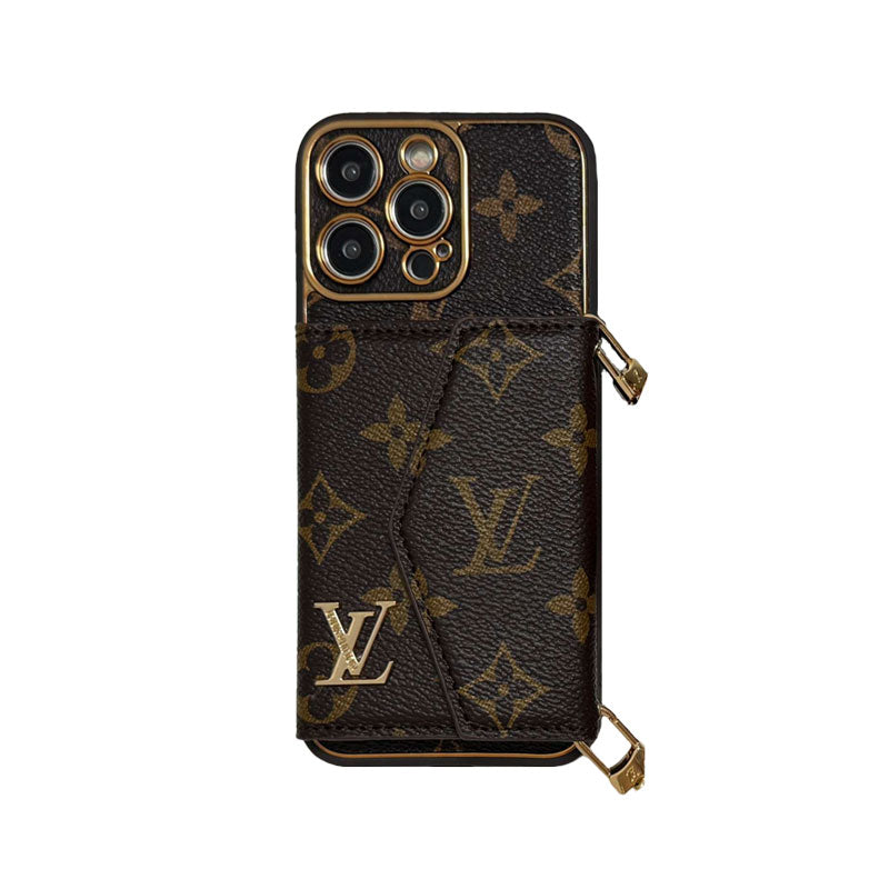Monogram iPhone Case with Wallet & Strap — Brown Big Print