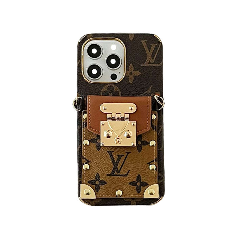 LV Monogram iPhone Case with Card Holder & Strap | Black Luxury Edition