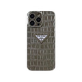 Prada iPhone Case Silver Crocodile | Luxury Diamond Triangle Logo Phone Case with Mirror Lens Ring iPhone 12-15 Pro Max