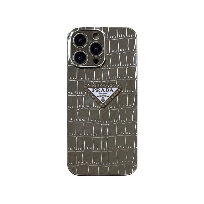 Prada iPhone Case Silver Crocodile | Luxury Diamond Triangle Logo Phone Case with Mirror Lens Ring iPhone 12-15 Pro Max