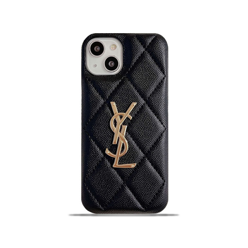 YSL iPhone Case Black Caviar Leather | Saint Laurent Luxury Phone Case with Gold Logo iPhone 13-17 Pro Max