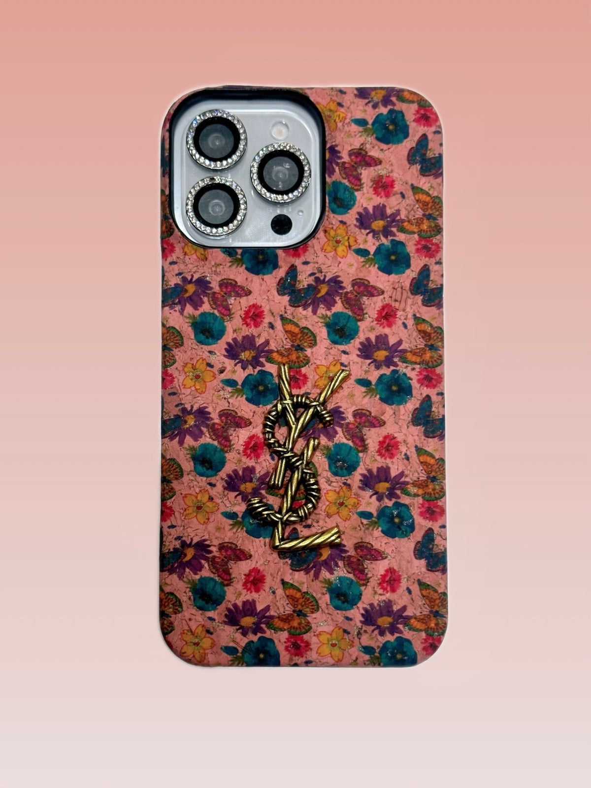 YSL iPhone Case Pink Floral Garden | Saint Laurent Luxury Phone Case with Antique Bronze Logo & Diamond Lens iPhone 13-17 Pro Max