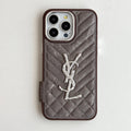 YSL iPhone Case Gray Quilted Leather | Saint Laurent Luxury Phone Case with Silver Logo iPhone 13-17 Pro Max