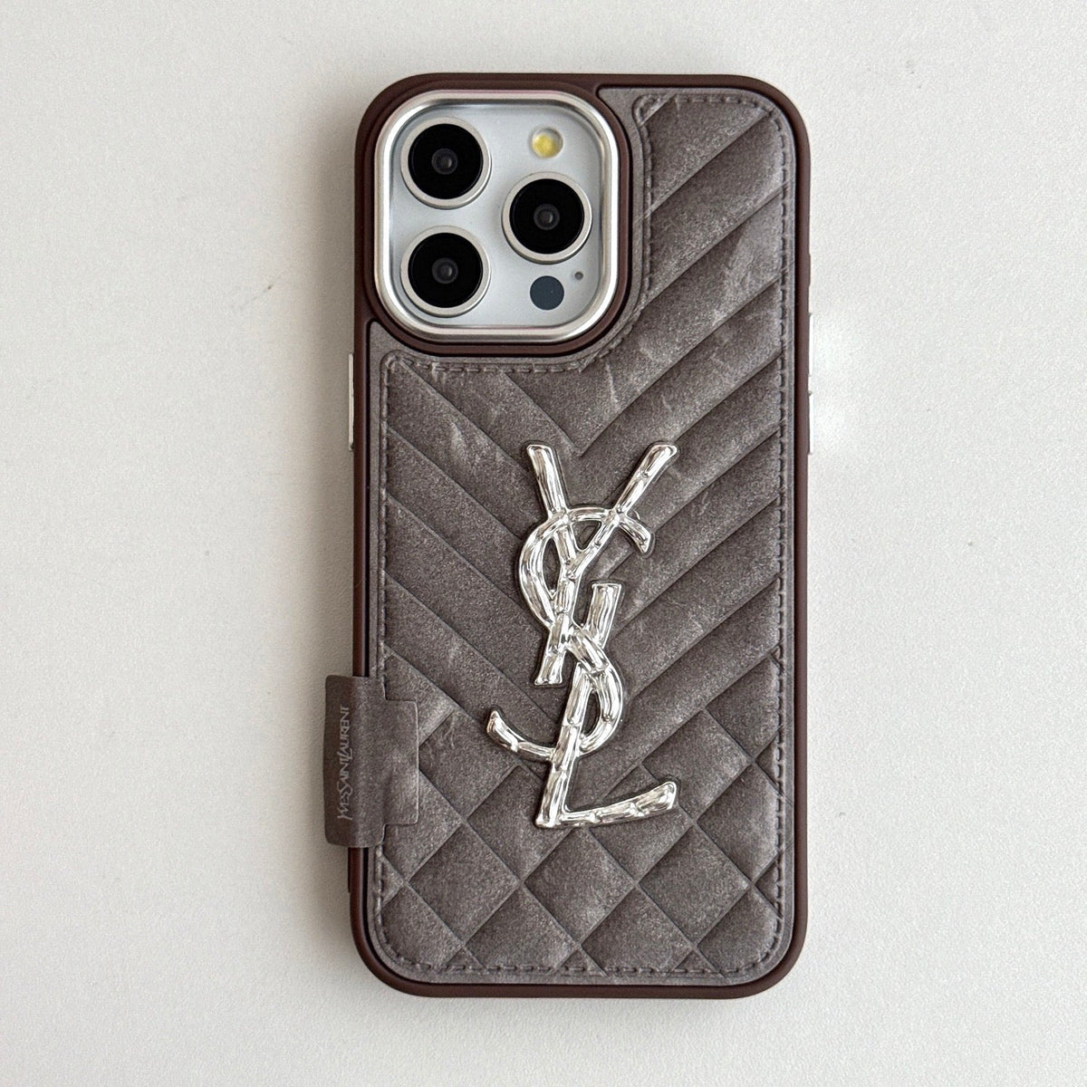YSL iPhone Case Gray Quilted Leather | Saint Laurent Luxury Phone Case with Silver Logo iPhone 13-17 Pro Max