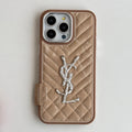 YSL iPhone Case Nude Pink Quilted Leather | Saint Laurent Luxury Phone Case with Silver Logo iPhone 13-17 Pro Max