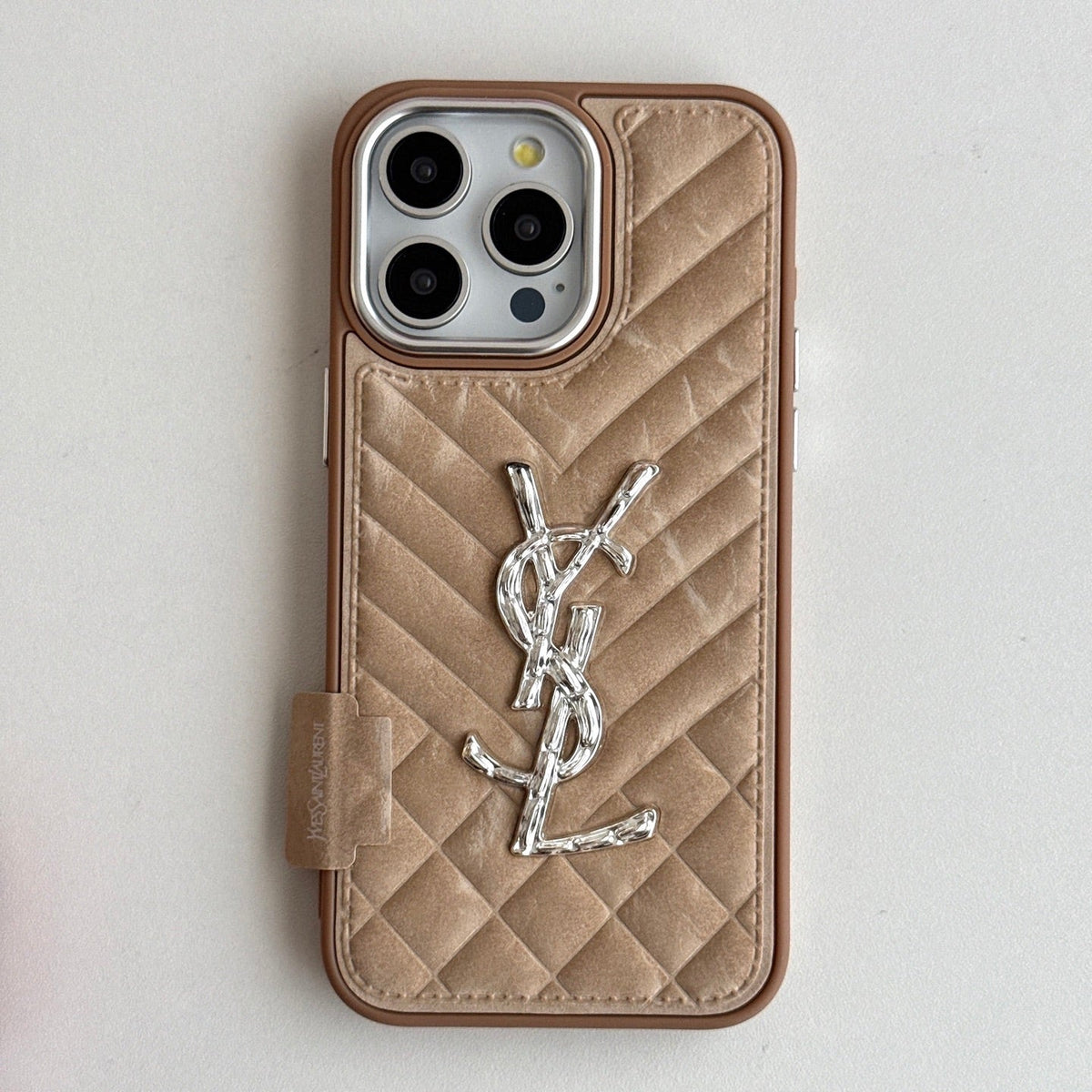 YSL iPhone Case Nude Pink Quilted Leather | Saint Laurent Luxury Phone Case with Silver Logo iPhone 13-17 Pro Max