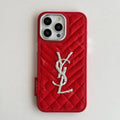 YSL iPhone Case Red Quilted Leather | Saint Laurent Luxury Phone Case with Silver Logo iPhone 13-17 Pro Max