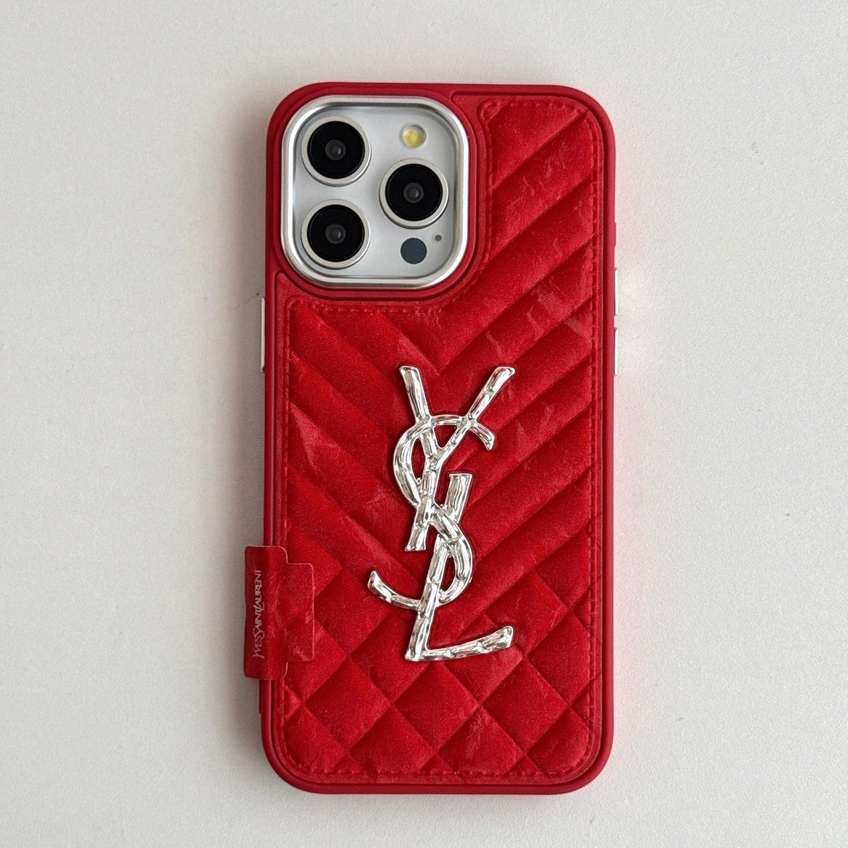 YSL iPhone Case Red Quilted Leather | Saint Laurent Luxury Phone Case with Silver Logo iPhone 13-17 Pro Max