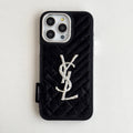 YSL iPhone Case Black Quilted Leather | Saint Laurent Luxury Phone Case with Silver Logo iPhone 13-17 Pro Max