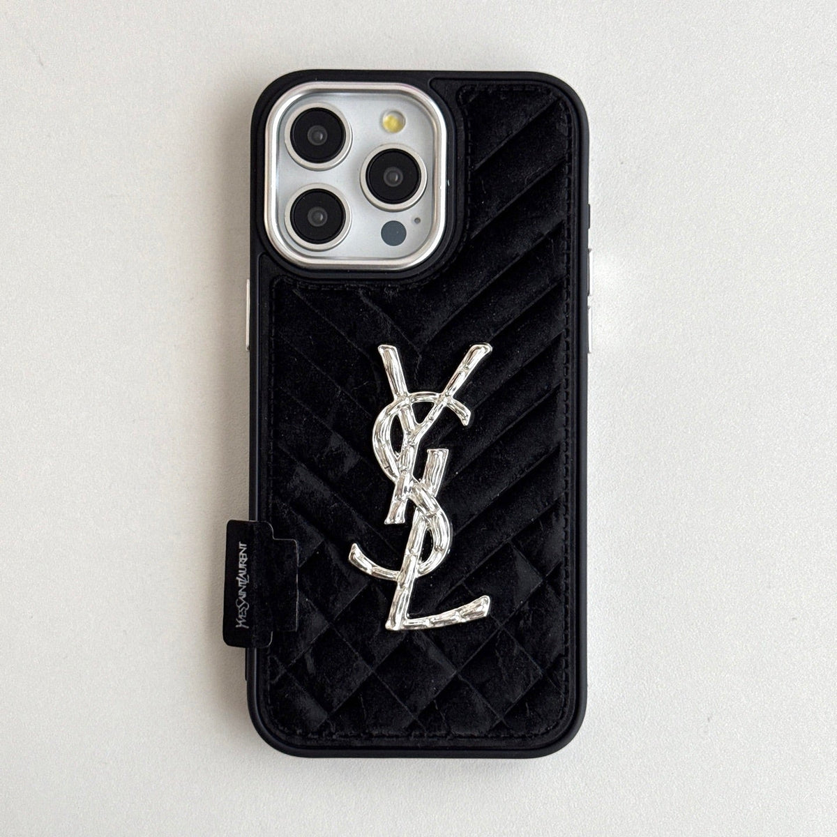 YSL iPhone Case Black Quilted Leather | Saint Laurent Luxury Phone Case with Silver Logo iPhone 13-17 Pro Max
