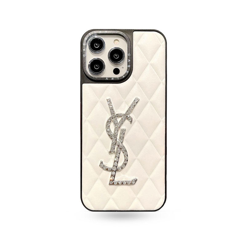 YSL iPhone Case White Quilted Leather | Saint Laurent Luxury Diamond Crystal Logo Phone Case iPhone 13-17 Pro Max