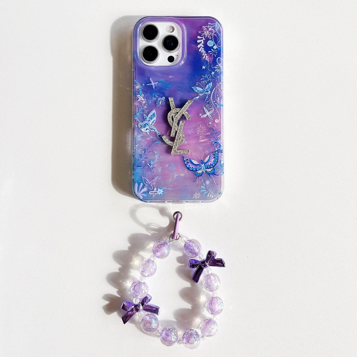 YSL iPhone Case Purple Butterfly | Saint Laurent Luxury Phone Case with Bead Chain iPhone 13-17 Pro Max