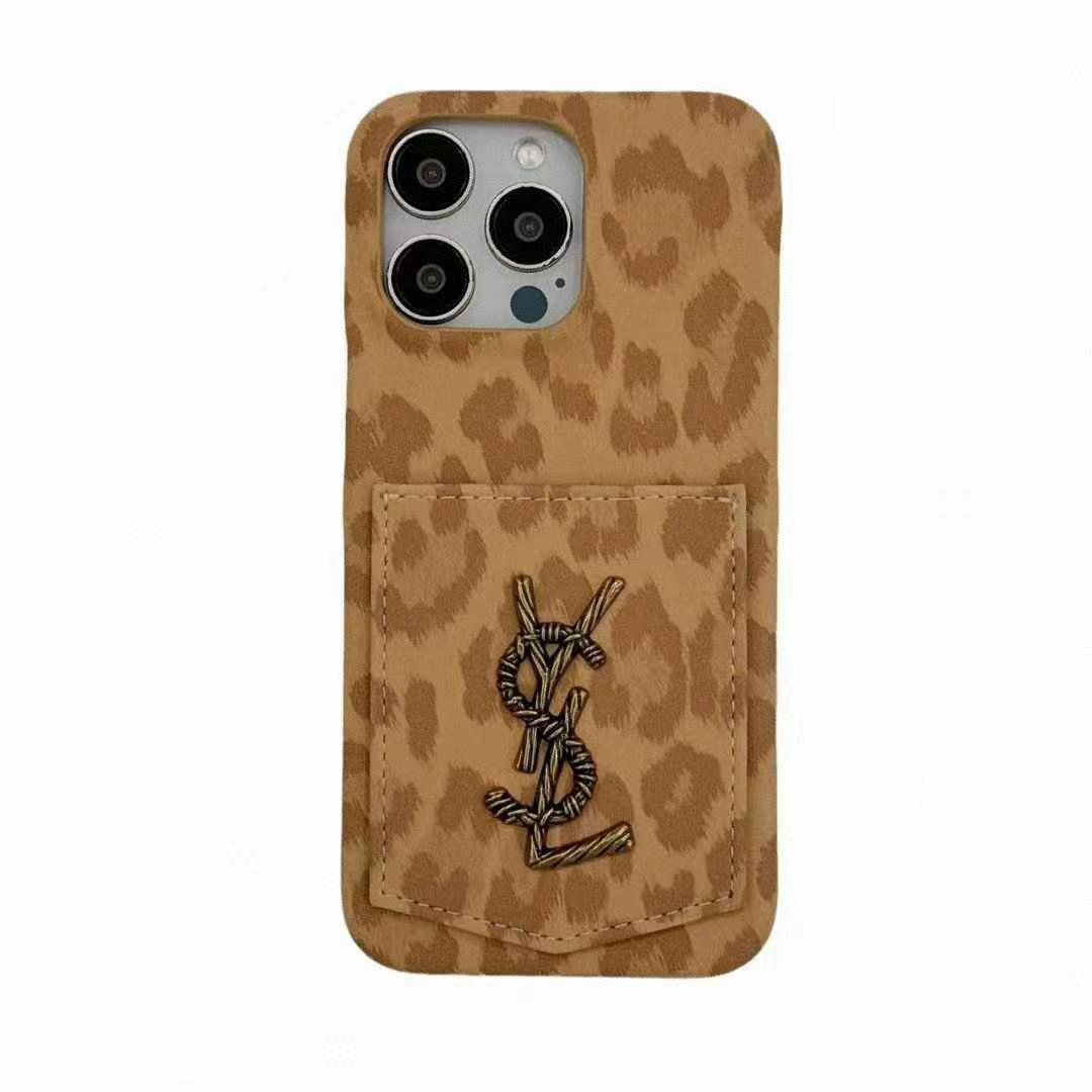YSL iPhone Case Brown Leopard | Saint Laurent Vintage Luxury Phone Case with Card Pocket iPhone 13-17 Pro Max