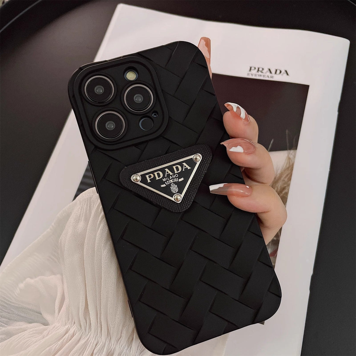 Prada Black Ribbed Weave iPhone Case | Textured Luxury Protection