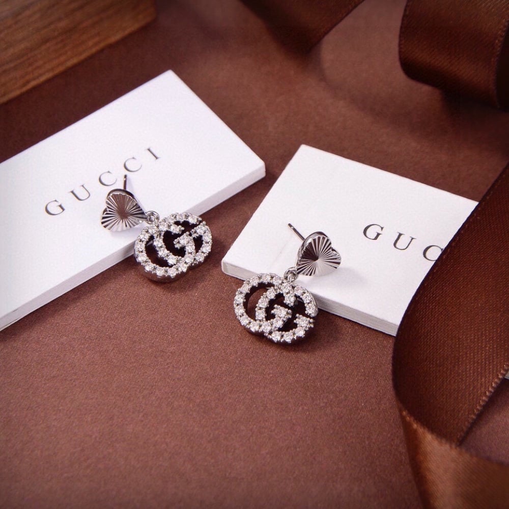 Gucci GG Heart Earrings in Silver with Crystals