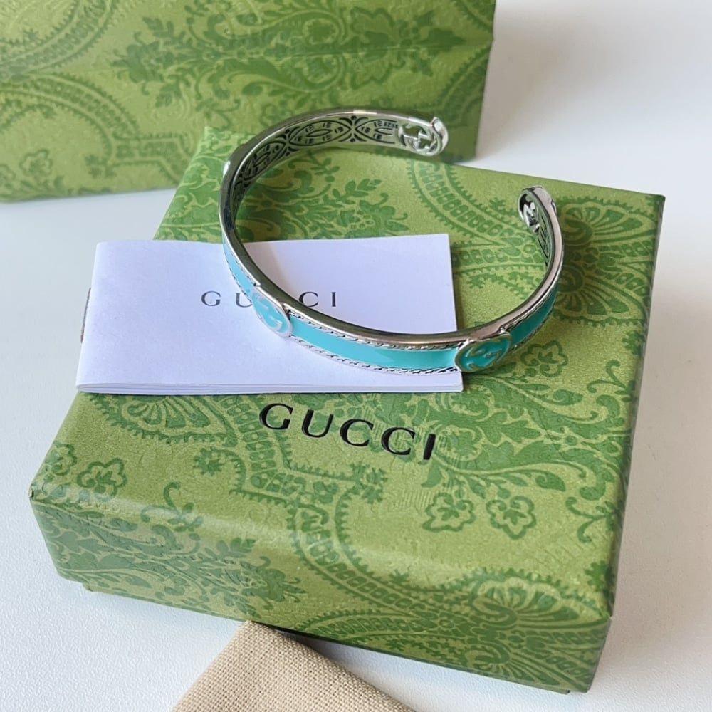 Gucci Cuff Bracelet Interlocking GG Sterling Silver Turquoise Enamel