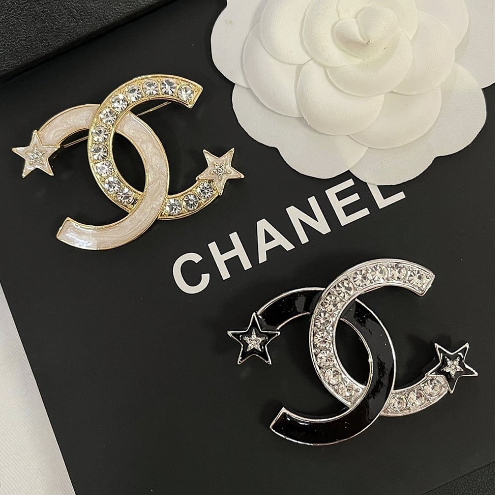 Chanel CC Brooch Silver and Black with Two Small Stars