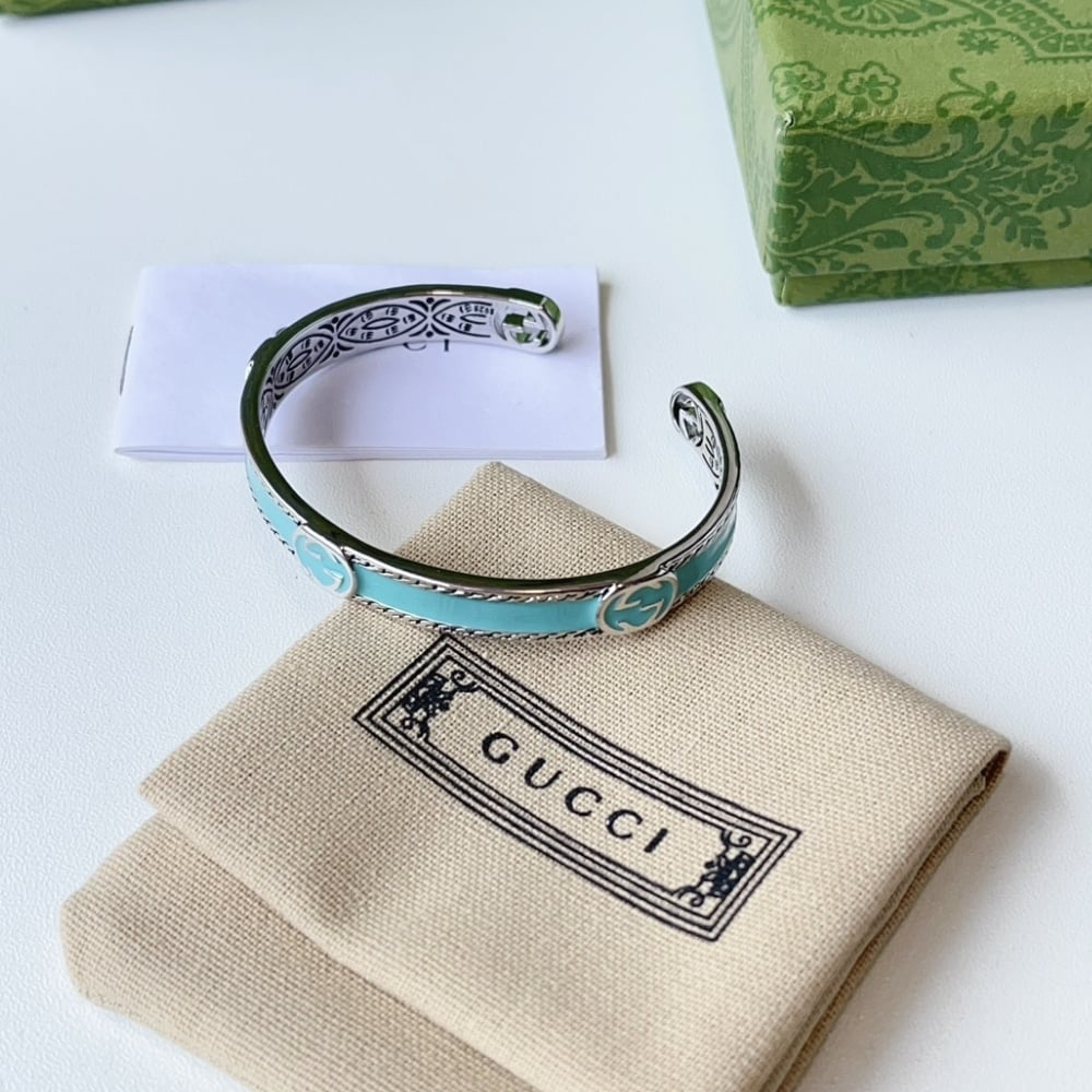 Gucci Cuff Bracelet Interlocking GG Sterling Silver Turquoise Enamel