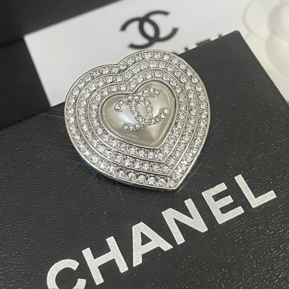 CC Heart Brooch Silver with Pearl Heart