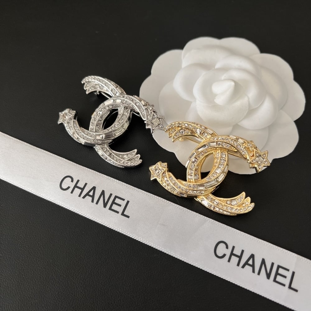 Chanel CC Brooch Silver with Stones and Two Stars