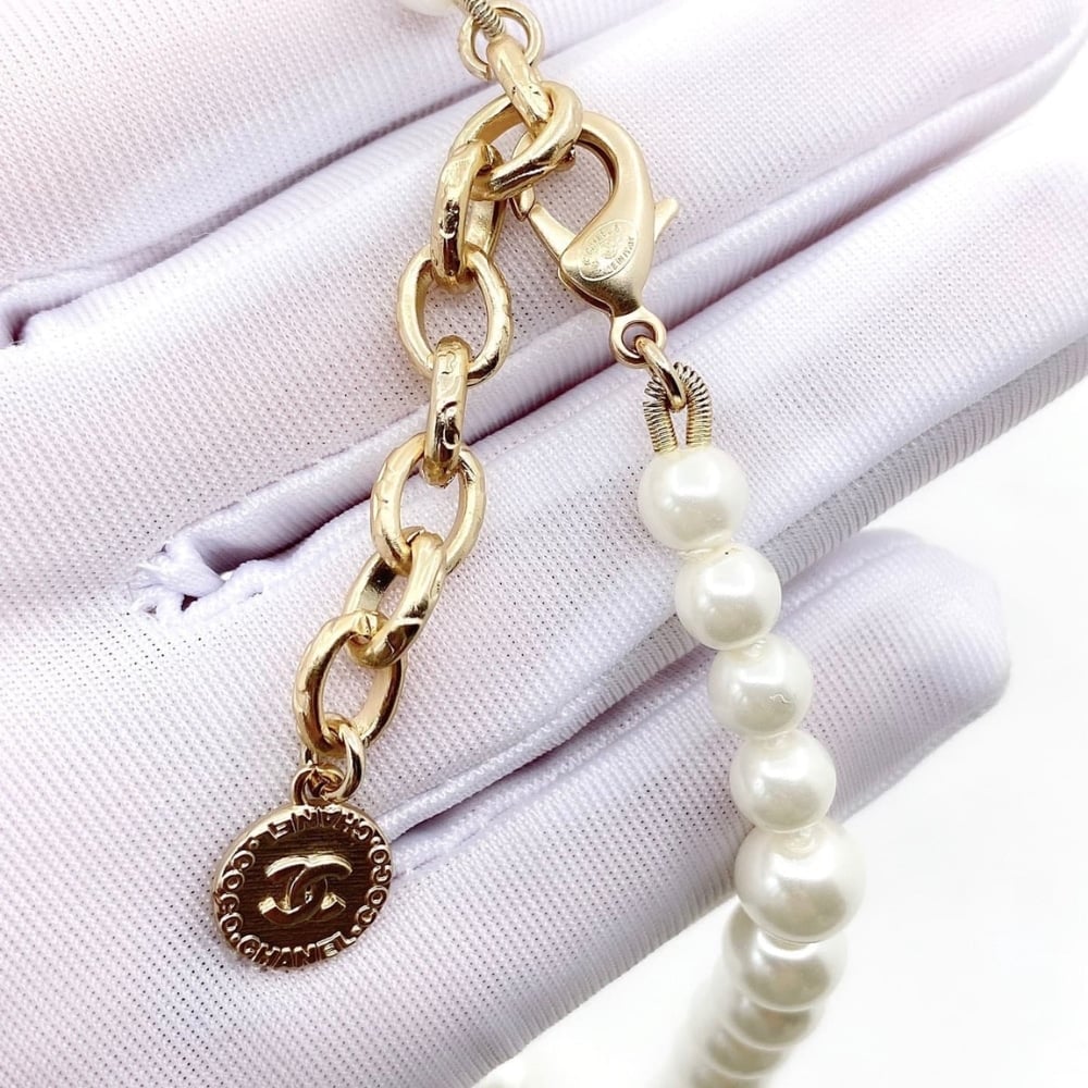 Chanel-Inspired Coco Faux Pearl Strand Necklace with Monogram Pendant