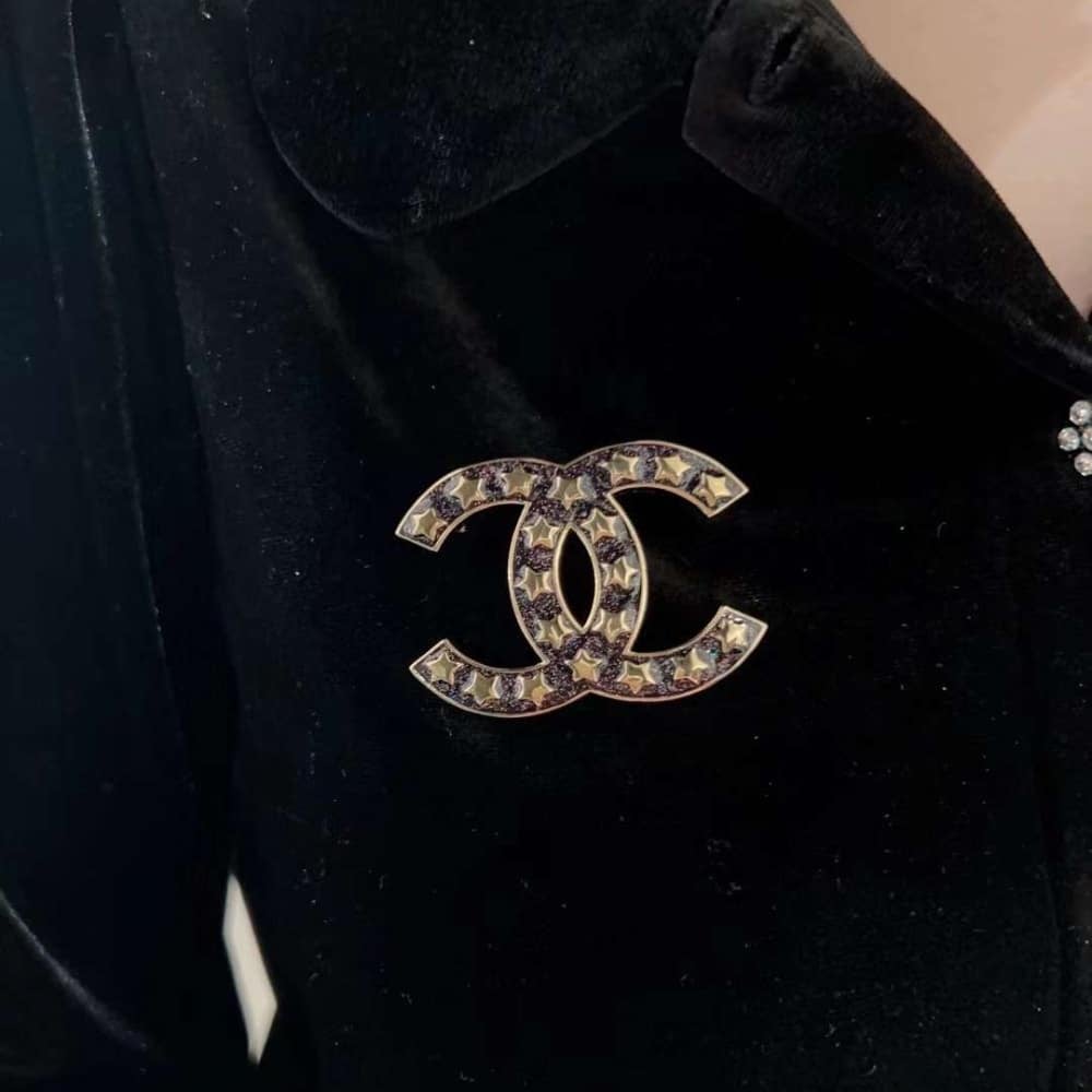 Chanel CC Brooch Black with Many Small Stars