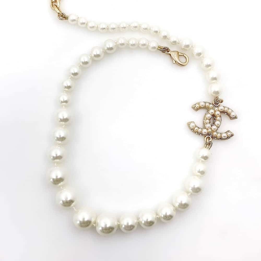 Chanel-Inspired Coco Faux Pearl Strand Necklace with Monogram Pendant