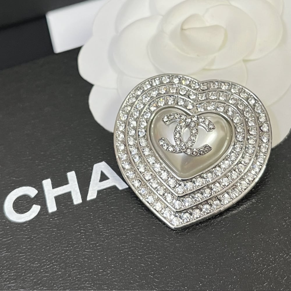 CC Heart Brooch Silver with Pearl Heart