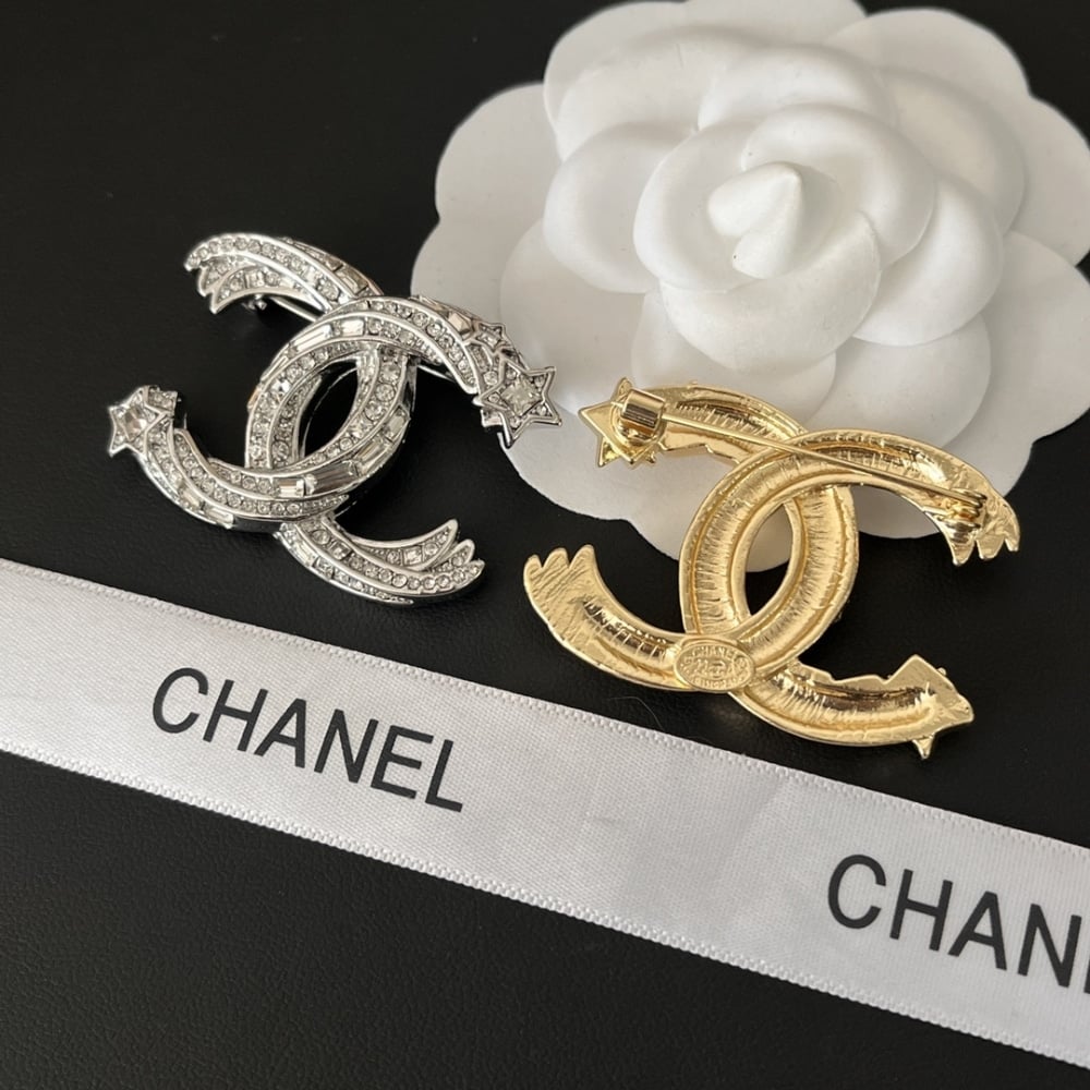 Chanel CC Brooch Silver with Stones and Two Stars