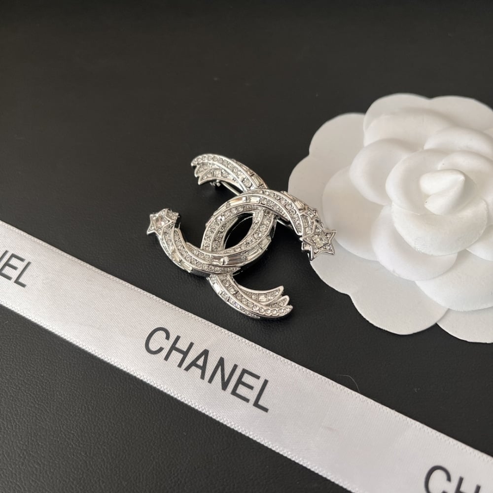 Chanel CC Brooch Silver with Stones and Two Stars