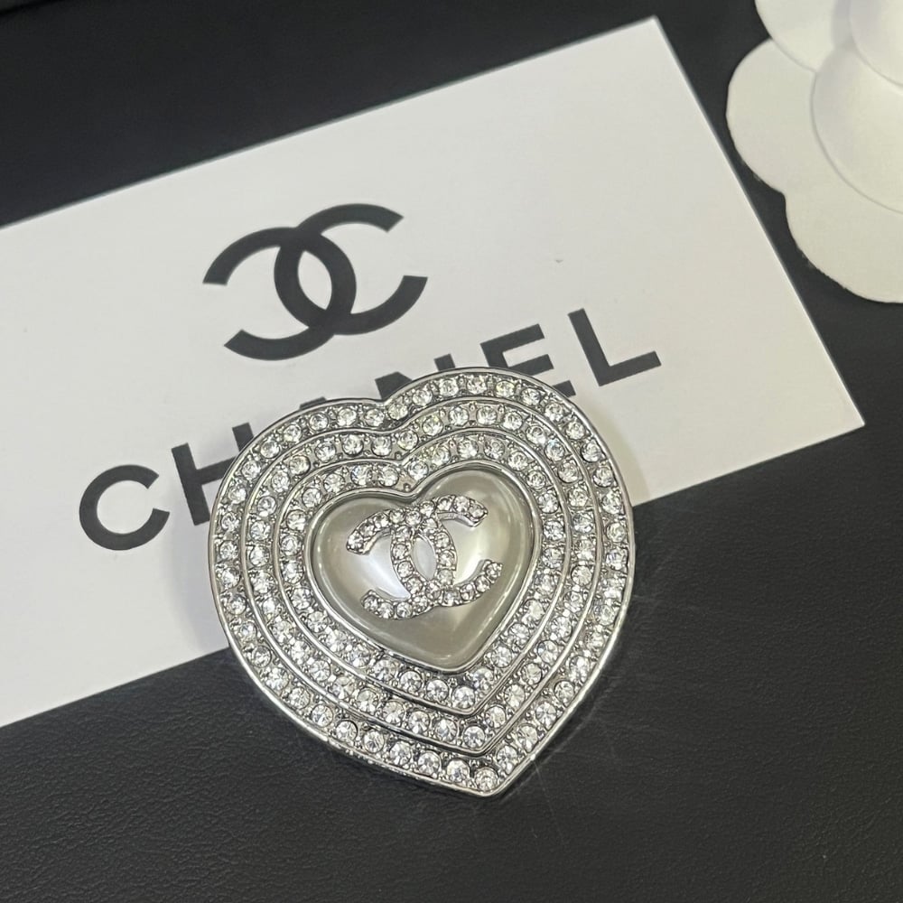 CC Heart Brooch Silver with Pearl Heart