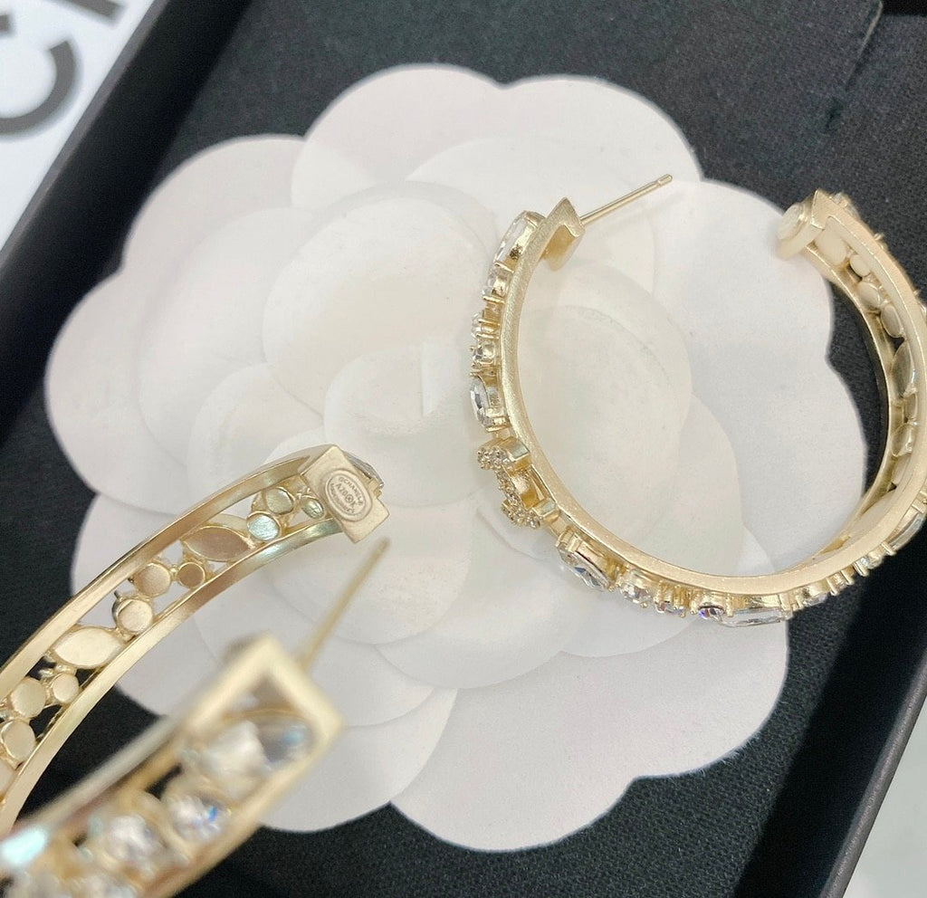 Chanel-Inspired Full Crystal Pavé Gold Large Hoop Earrings