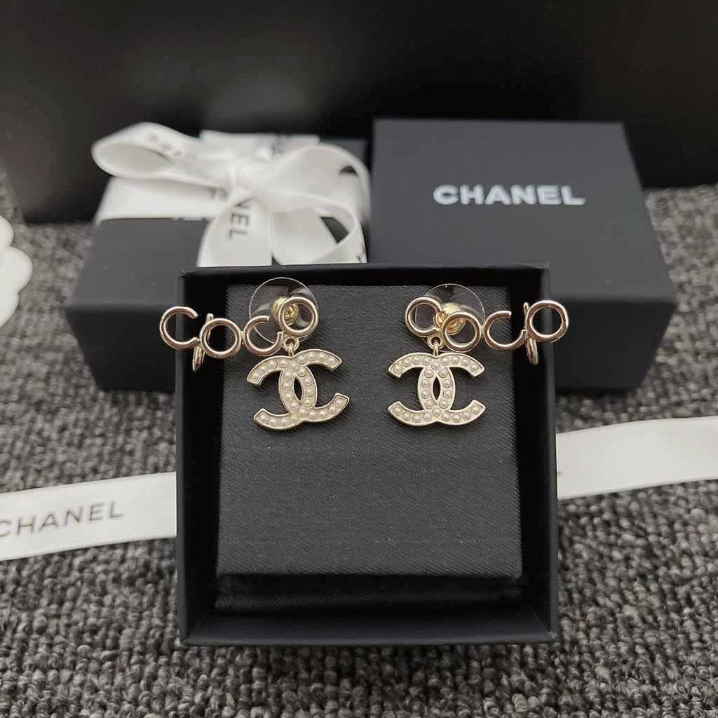 Chanel-Inspired Pearl Monogram Coco Climber Drop Earrings (Gold)