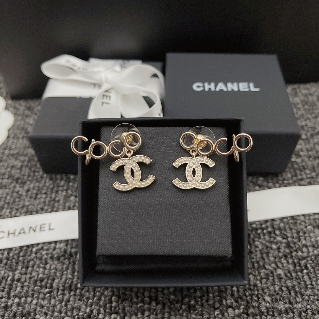 Chanel-Inspired Pearl Monogram Coco Climber Drop Earrings (Gold)
