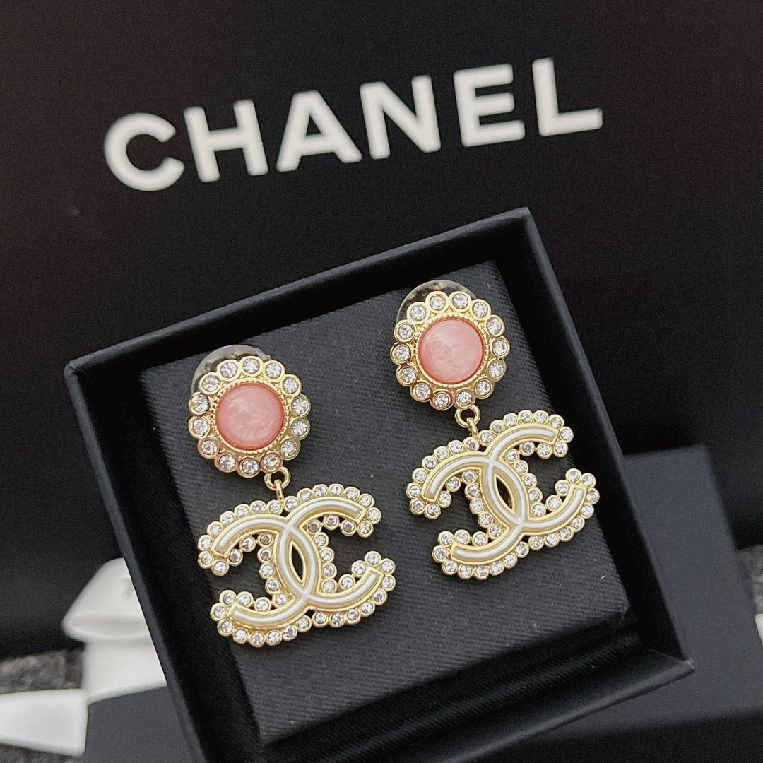 Chanel-Inspired Pink Glass & Crystal Monogram Logo Drop Earrings (Gold)