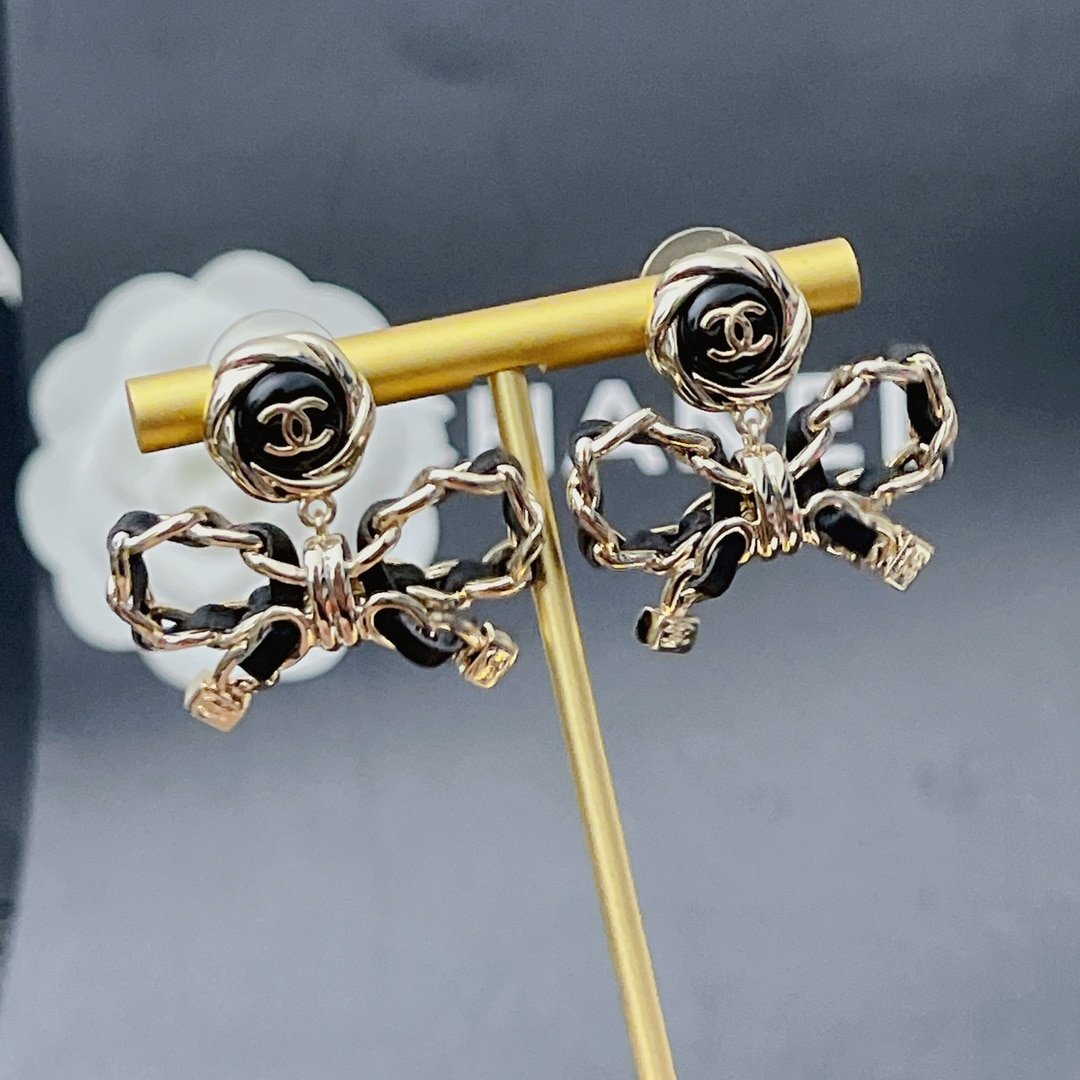Chanel-Inspired Black Enamel Monogram Rose & Leather Chain Bow Drop Earrings (Gold)