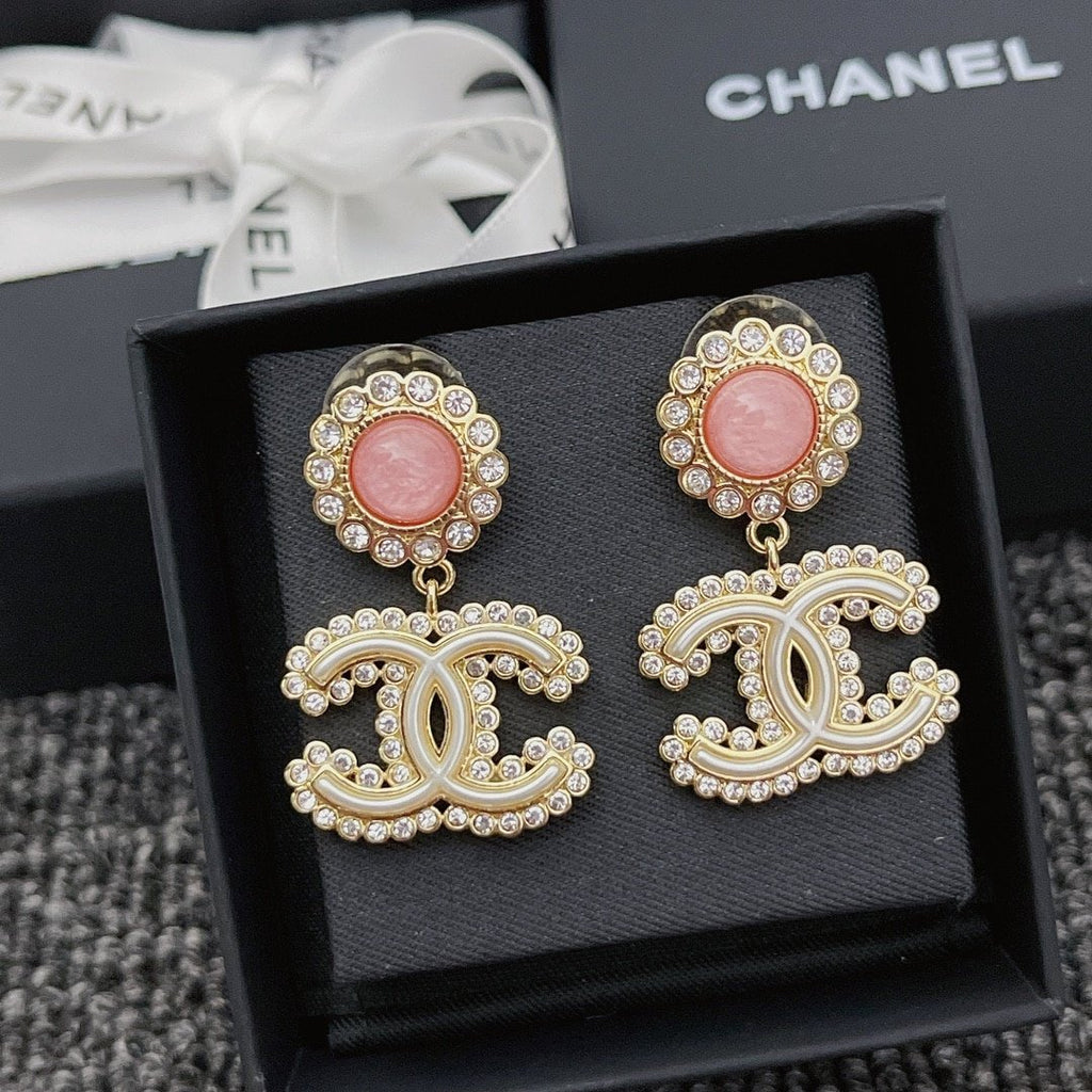 Chanel-Inspired Pink Glass & Crystal Monogram Logo Drop Earrings (Gold)