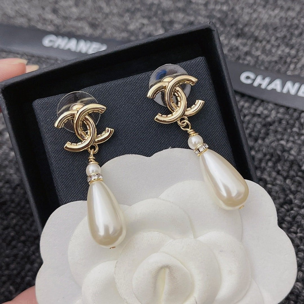 Chanel CC Monogram Pearl Drop Earrings