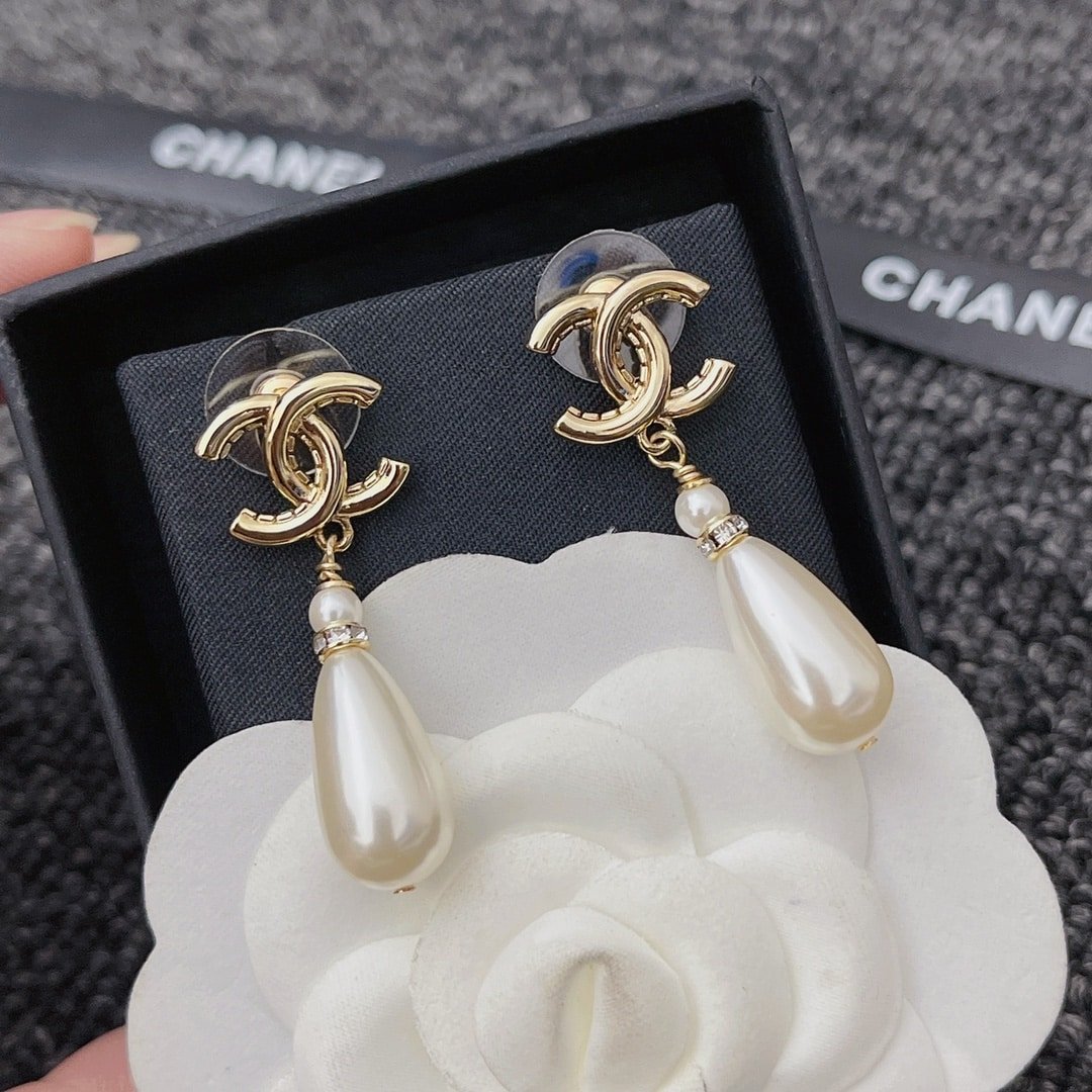 Chanel CC Monogram Pearl Drop Earrings