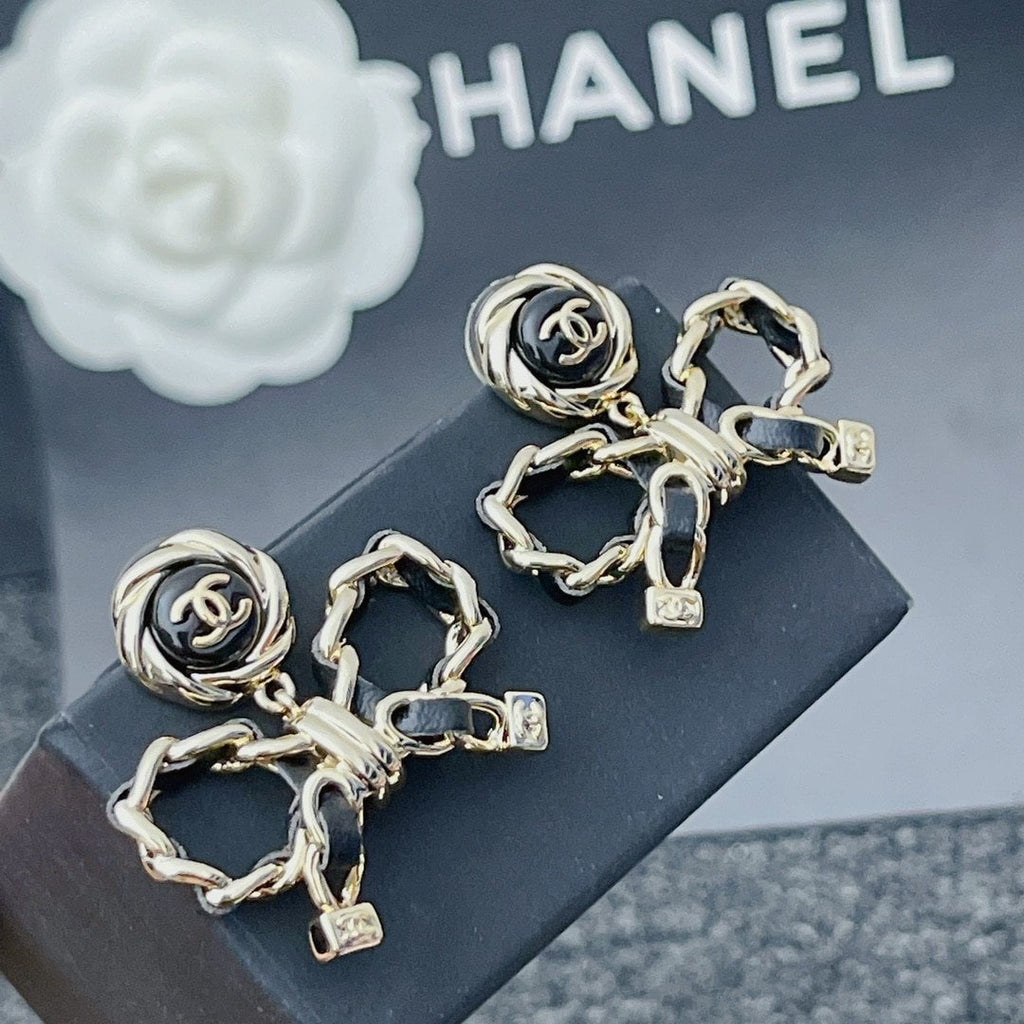 Chanel-Inspired Black Enamel Monogram Rose & Leather Chain Bow Drop Earrings (Gold)