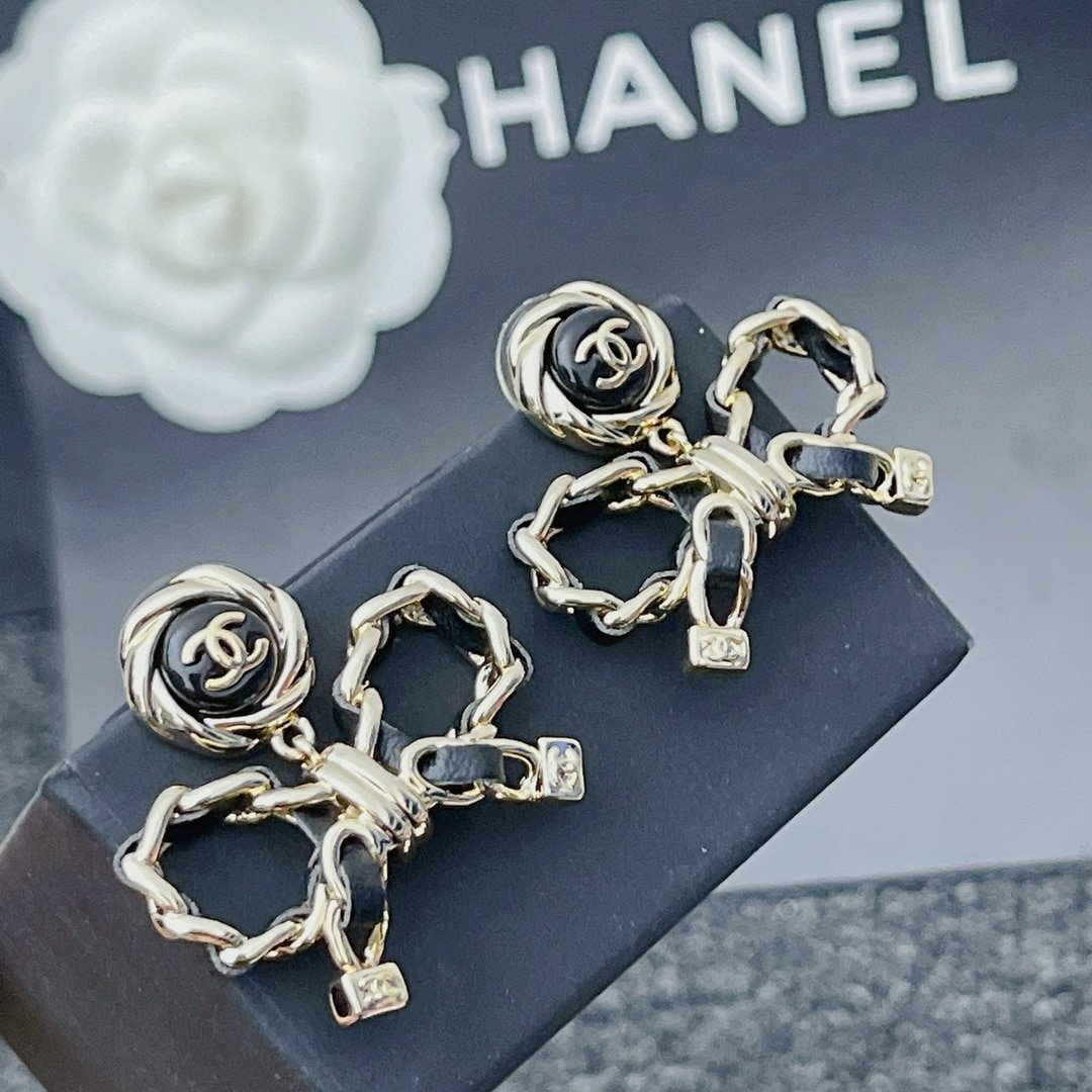 Chanel-Inspired Black Enamel Monogram Rose & Leather Chain Bow Drop Earrings (Gold)