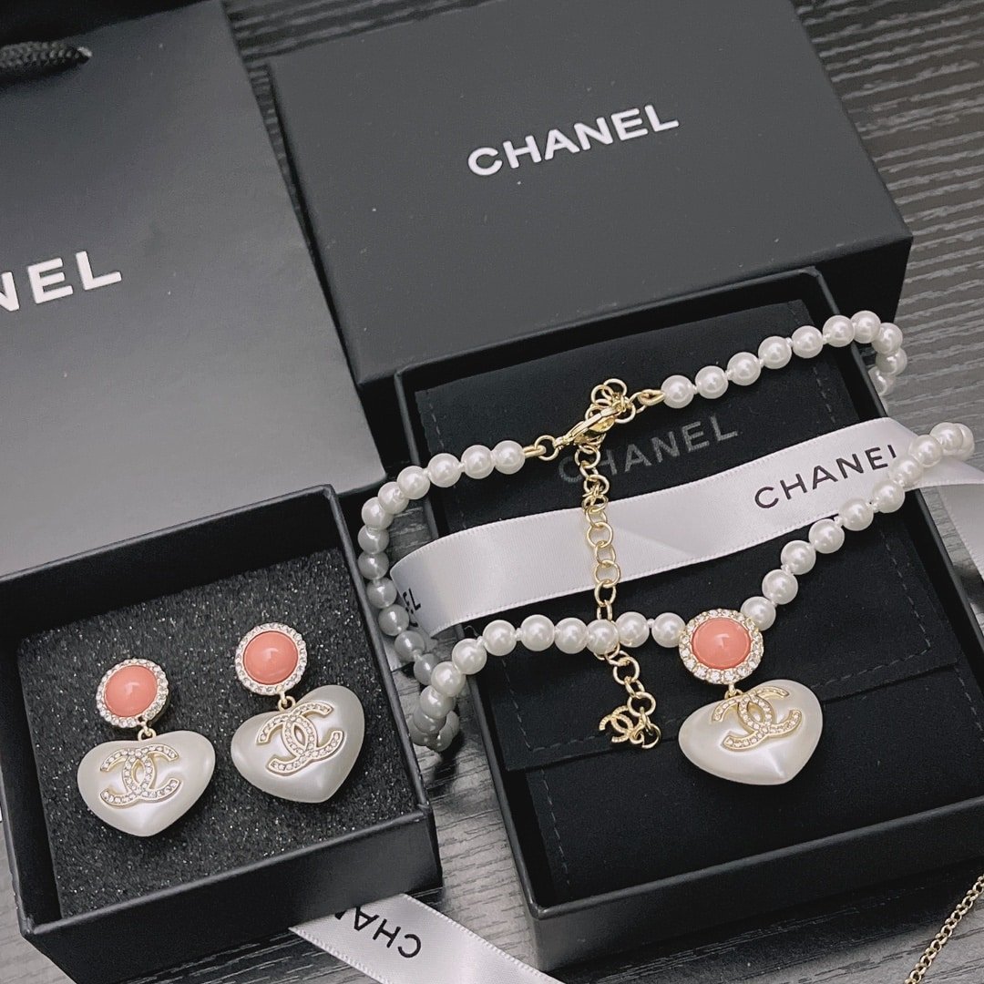 Chanel-Inspired Pearl Strand Necklace with Heart & Pink Crystal Monogram Pendant