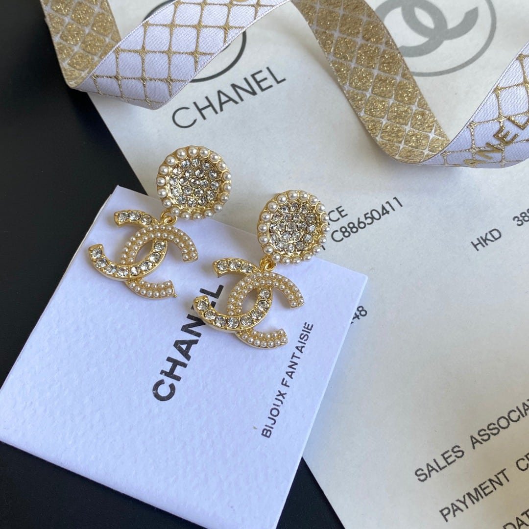 Chanel Crystal Pearl CC Drop Earrings Gold