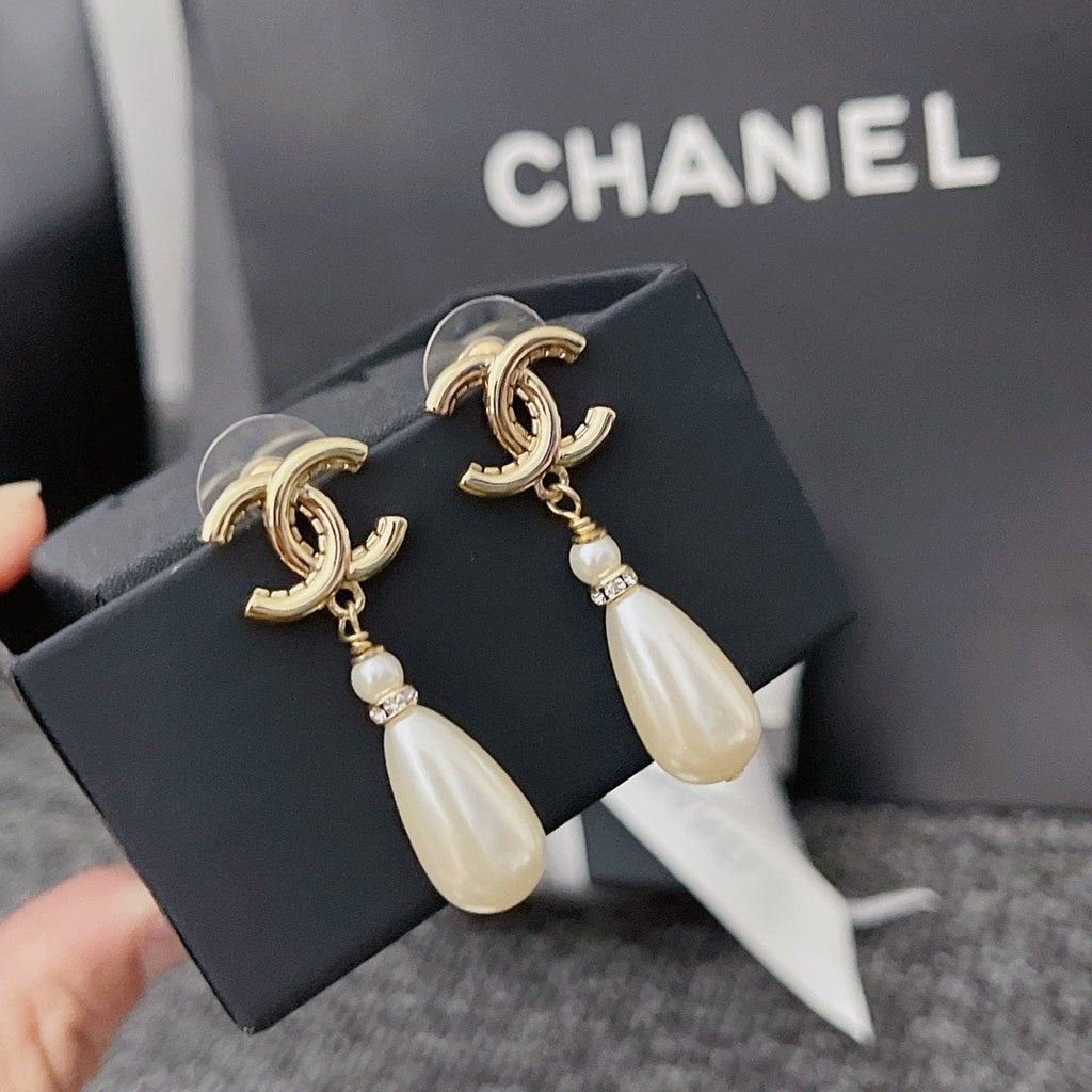 Chanel CC Monogram Pearl Drop Earrings