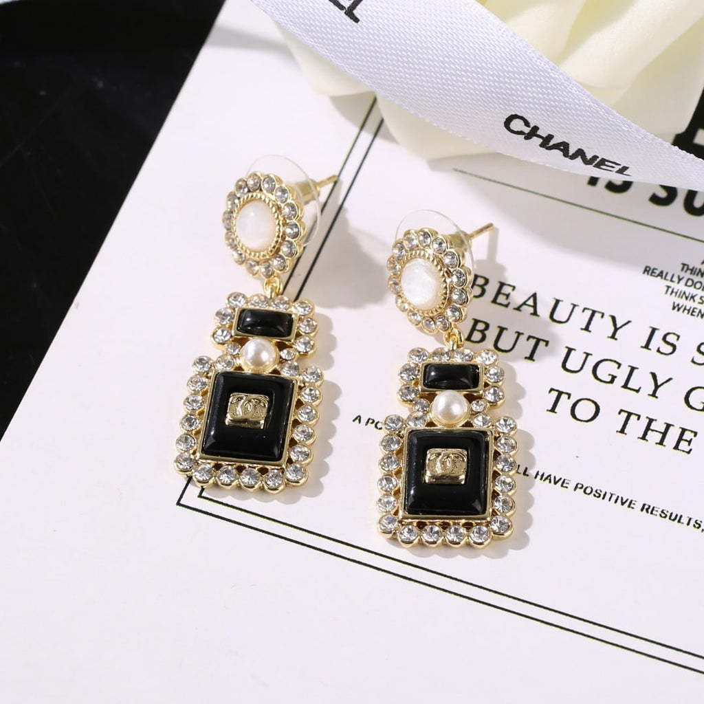 Chanel-Inspired Black Glass & Crystal Perfume Bottle Drop Earrings (Gold)