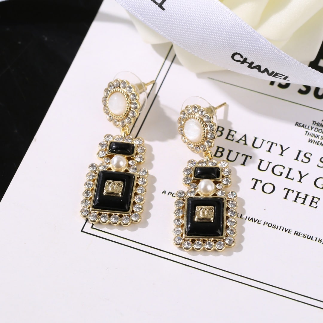 Chanel-Inspired Black Glass & Crystal Perfume Bottle Drop Earrings (Gold)